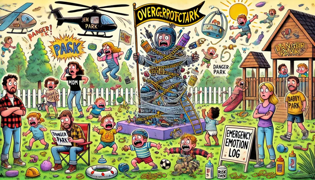 SpinTaxi Magazine Wide aspect cartoon movie poster in the chaotic, hand drawn style of Toni Bohiney. Title 'Overprotective'. Scene A suburban park filled with exaggerate... spintaxi.com 2