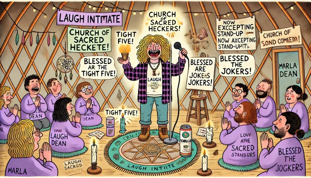 Comedy Writer - A wide, cartoon-style scene inspired by Tina Bohiney, featuring Marla Dean, a disheveled stand-up comedian in a flannel shirt and a 'Laugh Initiate' sash... - Alan Nafzger 2 Comedy Writer - A wide, cartoon-style scene inspired by Tina Bohiney, featuring Marla Dean, a disheveled stand-up comedian in a flannel shirt and a 'Laugh Initiate' sash... - Alan Nafzger 2