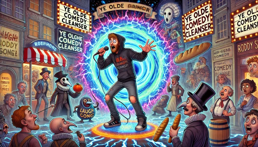 Screenplay A chaotic, wide aspect cartoon style movie poster inspired by Al Jaffee. In the center stands Roddy Slate, a bewildered standup comic in a ripped hood (2) Screenplay A chaotic, wide aspect cartoon style movie poster inspired by Al Jaffee. In the center stands Roddy Slate, a bewildered standup comic in a ripped hood (2)