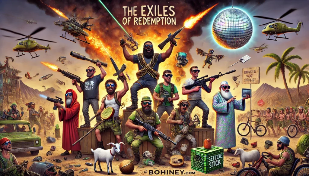 A wide-aspect satirical cartoon movie poster in the style of Toni Bohiney, titled 'The Exiles of Redemption.' The scene features six exaggerated, mismatc... -- Alan Nafzger